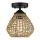 preview thumbnail 1 of 6, 1-Light Bohemian Rattan/Seagrass Semi-Flush Mount Ceiling Light - D8"x H9.3" - Black/Lime - 8 in. W 8 in. W