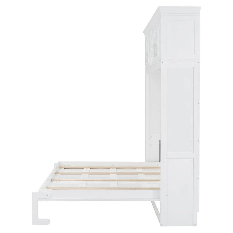 Queen Wall Bed with Upper Storage Cabinets and Built-In Wine Rack, Folding Murphy Bed with Slatted Base