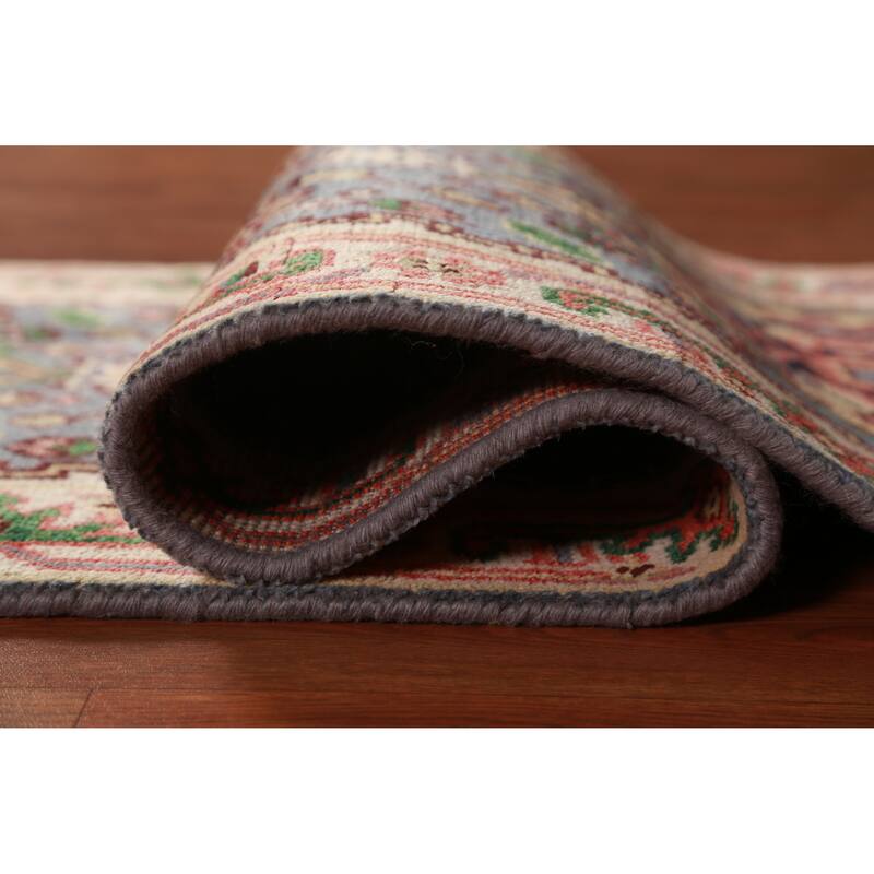 Hand Knotted Oriental 100% Wool Carpet Traditional Geometric Navy Blue & Blues Heriz (serapi) Runner Rug - 8' 1'' X 2' 6''
