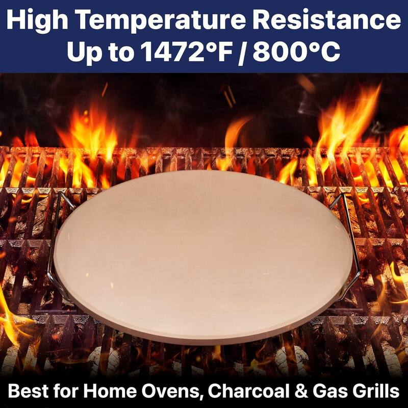 16" Pizza Stone for Oven & Grill with Handles - Natural Cordierite Baking Stone Set with SS Rack & Plastic Scraper
