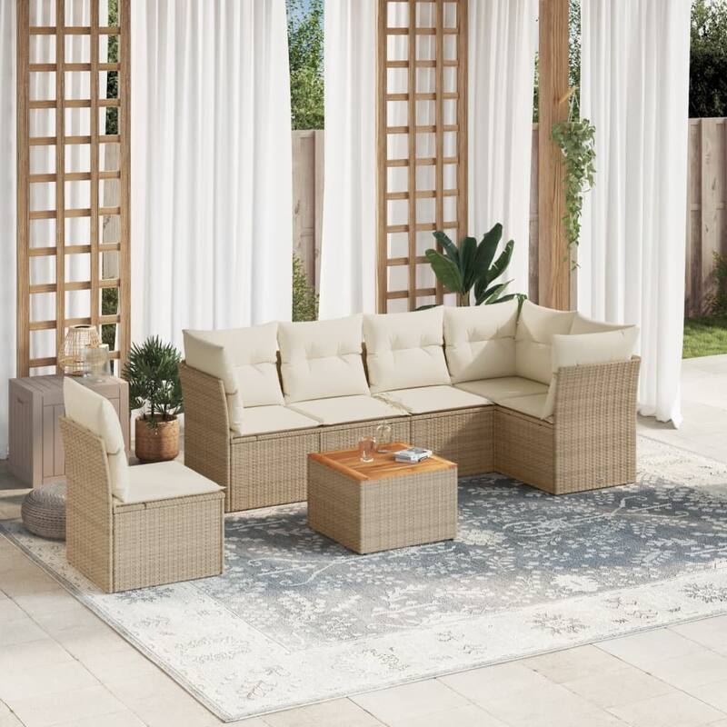 vidaXL Patio Sofa Set with Cushions Outdoor Furniture 7 Piece Poly Rattan - 21.7 x 21.7 x 14.6 - Beige-3x middle+table+3x corner