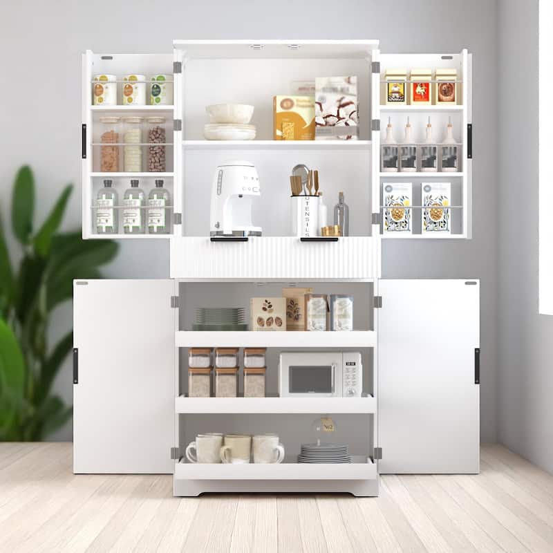 Tall Kitchen Pantry Cabinet with Fluted Doors, 3 Slide-Out Drawers & Door Spice Racks, 72" Freestanding Cupboard