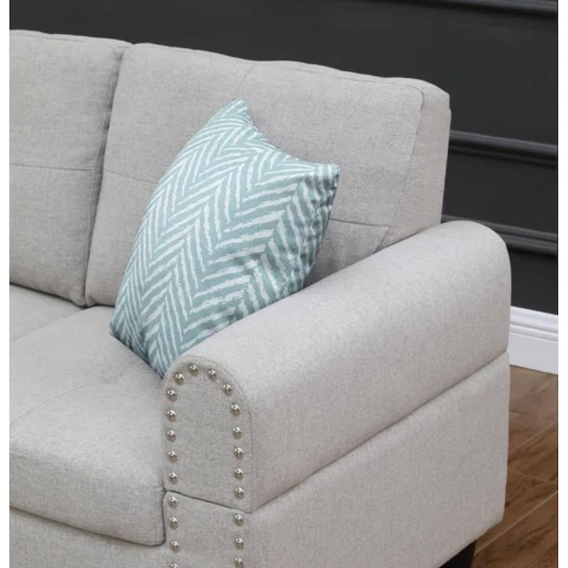 Modern Built-in Cup-holders Console Linen Sectional Sofa with 2 Pillows