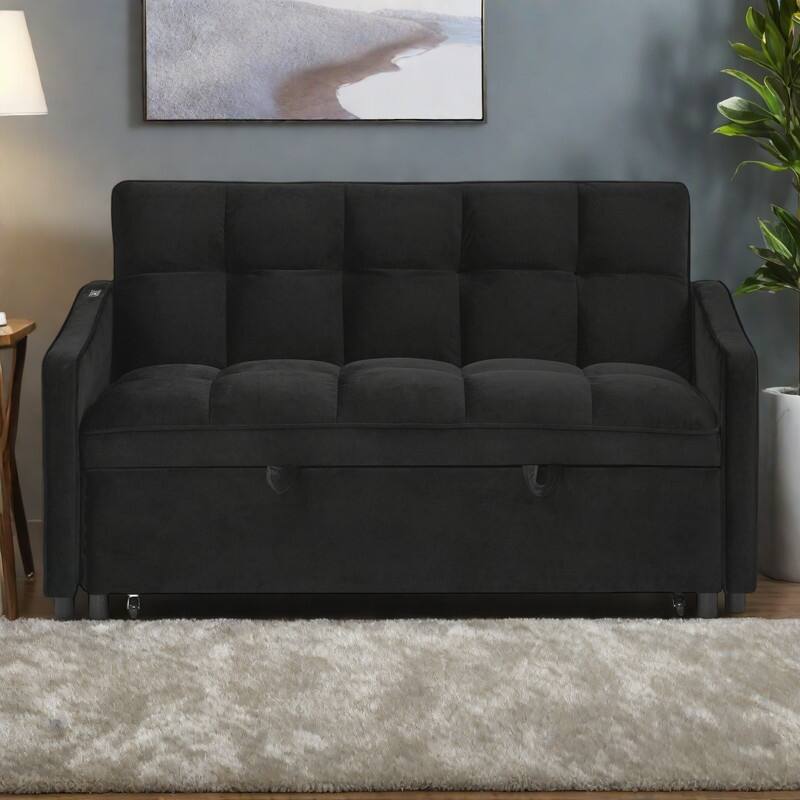 53" Foam Adjustable Loveseat Sofa Bed with Pull-Out Bed, USB/Type-C Charging, Copper Nail Trim, and Arm Storage Pockets - Black
