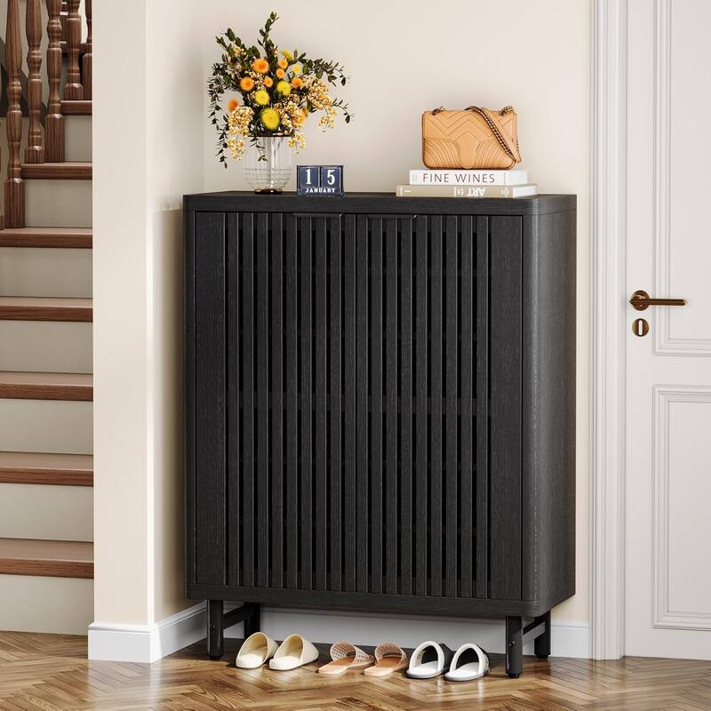 6-Tier Shoe Cabinet with Shutter Doors Adjustable Shelves Wooden Storage Cabinet for Entryway/Hallway/Closet/Living Room