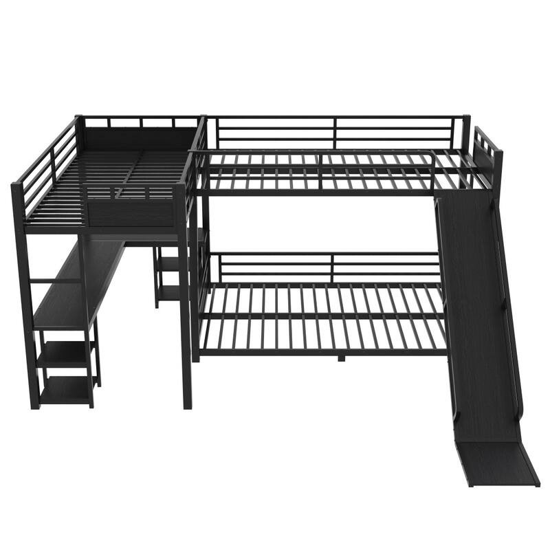 L-Shaped Metal Bunk Bed and Loft Bed with Desk, Storage Shelves and Slide