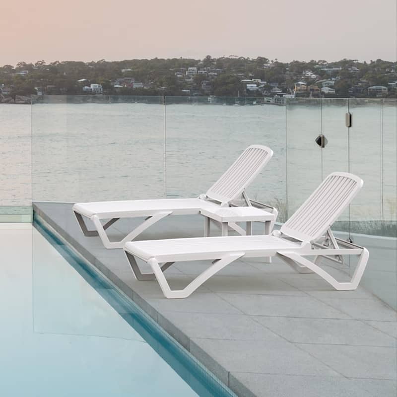 Domi White Aluminum Adjustable Pool Lounge Chair with Table, All-Weather Outdoor Chaise - White-2 chairs and 1 table