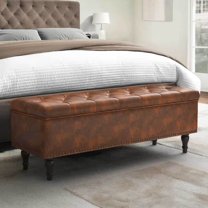 Tufted Storage Bench, Upholstered Ottoman with Storage for Bedroom - 50.8" W X 17.1" D X 18.3" H - Brown