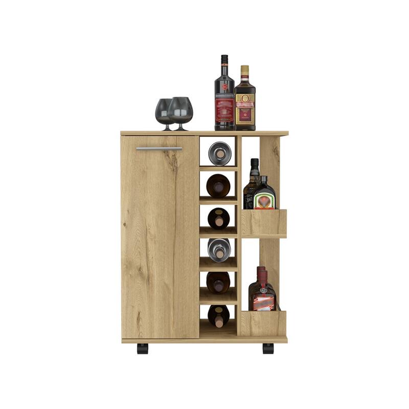Black 32" H Bar-Coffee Cart with 6 Bottle Cubbies, 2 Open Shelves, and Locking Casters for Kitchen & Bar