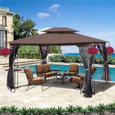 13x10 FT Patio Steel Gazebo, Canopy Tent with Ventilated Double Roof, Mosquito Netting & Privacy Screens for Garden, Backyard
