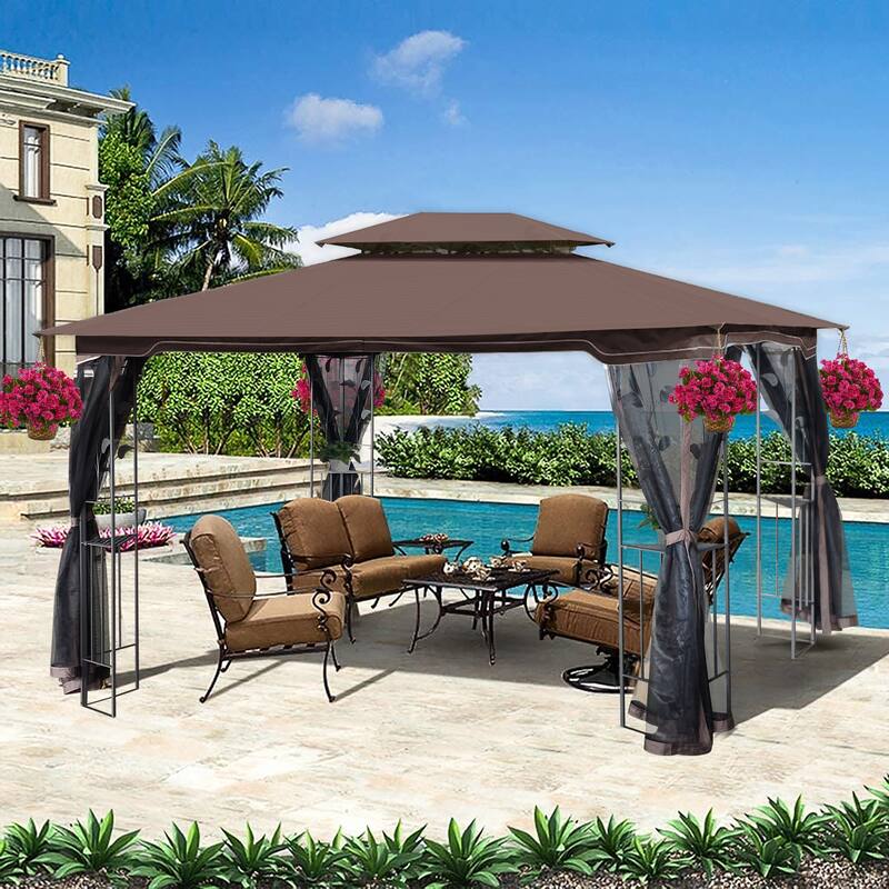 13x10 Outdoor Gazebo with Double Roof, Mosquito Net, and Durable Waterproof Cover for Lawn and Garden