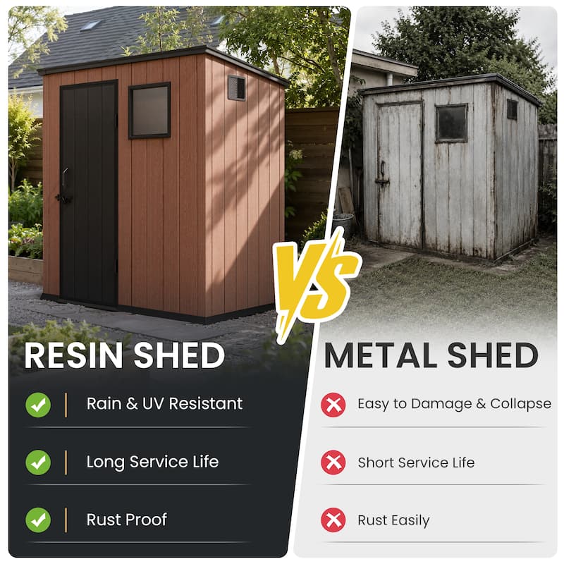 All-Weather Outdoor Storage Shed Waterproof Resin Garden Shed with Floor, Lockable Doors, Skylight for Lawn Tools & Bikes