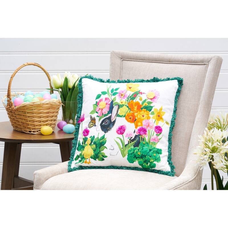 18" x 18" Bunny Floral Spring Printed and Embellished Throw Pillow