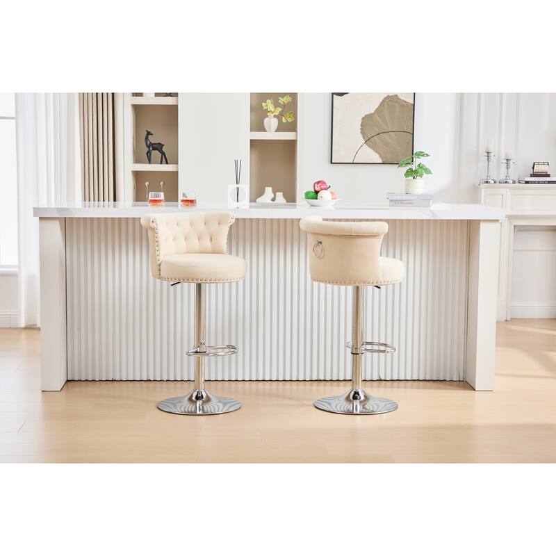 Velvet Bar Stool Set of 2, Adjustable Swivel Bar Stools with Silver Plated Metal Leg, Counter Height Chair
