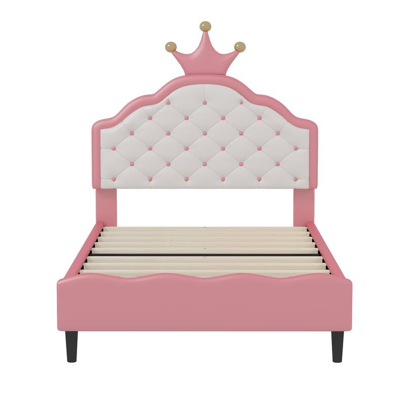 Twin Size Crown Fantasy PU Leather Princess Bed with Tufted Headboard, Pink and Cream