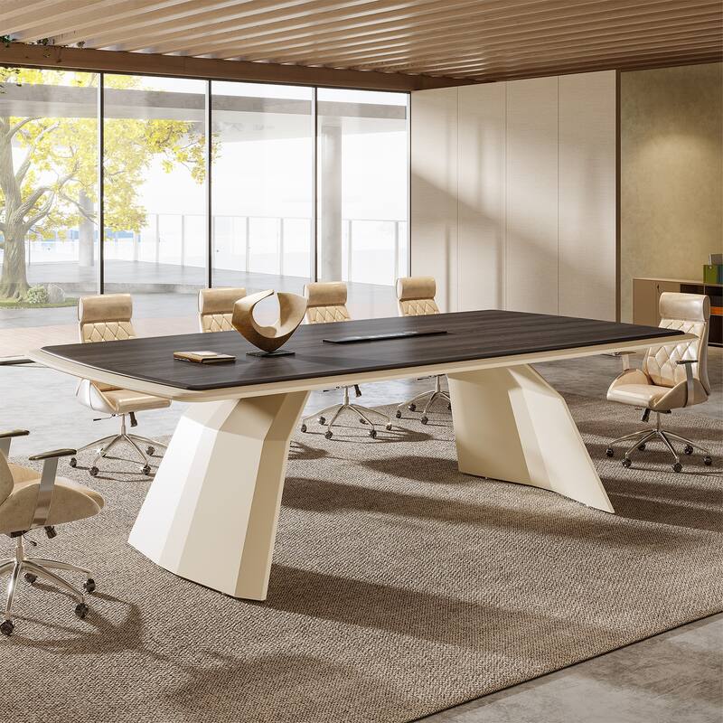 Conference Meeting Table With Stainless Steel Base And Recessed Power Strip Socket - Grey+White