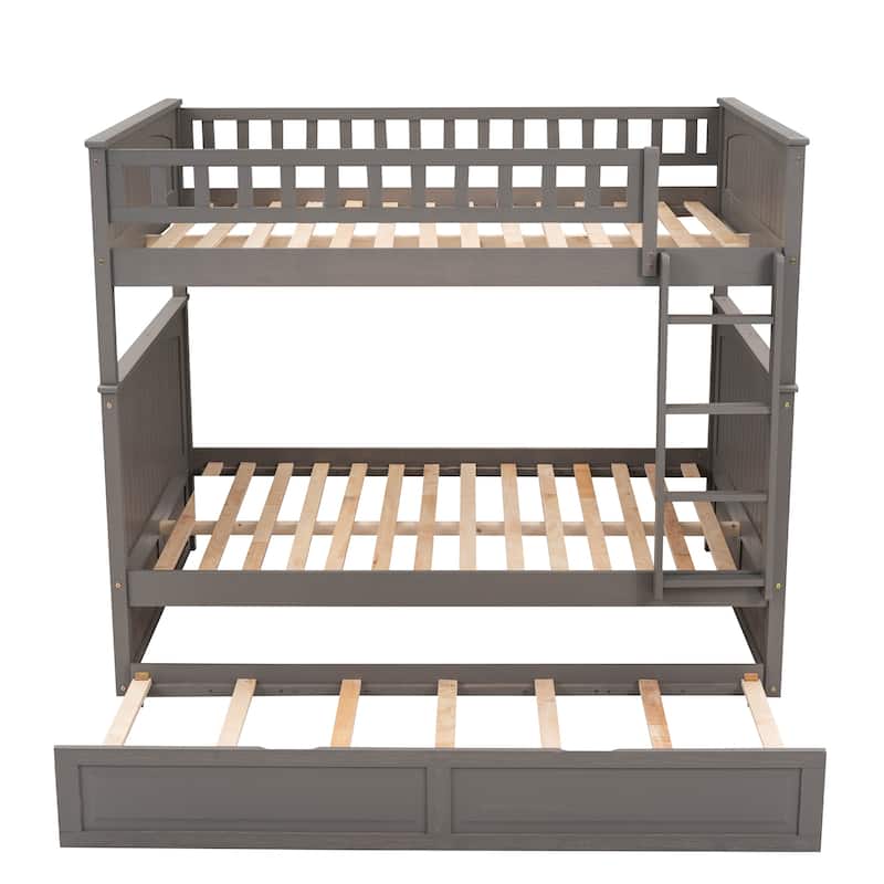 Full Over Full Bunk Bed with Twin Size Trundle, Pine Wood Bunk Bed with Guardrails Bed Bath