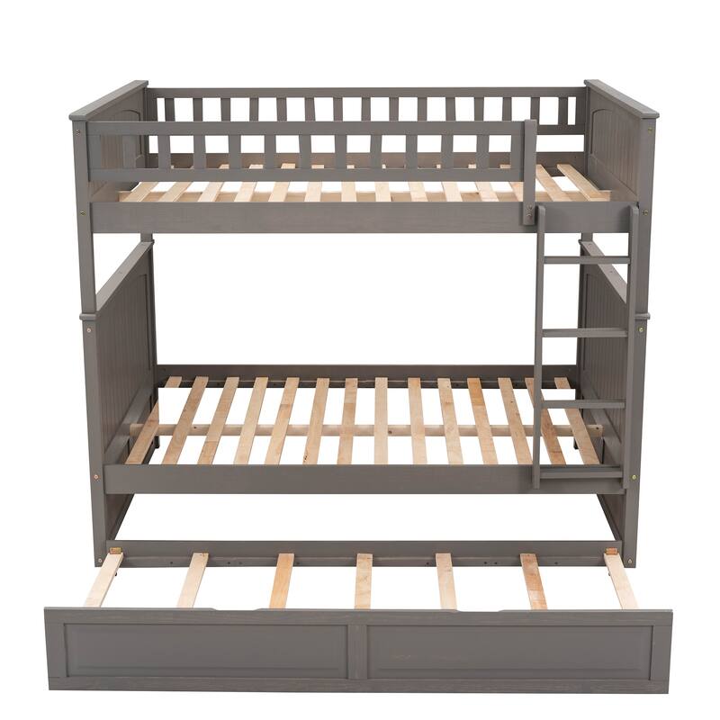 Full Over Full Size Wood Bunk Bed with Trundle Bed & Safety Guardrail, Solid Wood Bunkbed Frame for Guests, No Box Spring Needed
