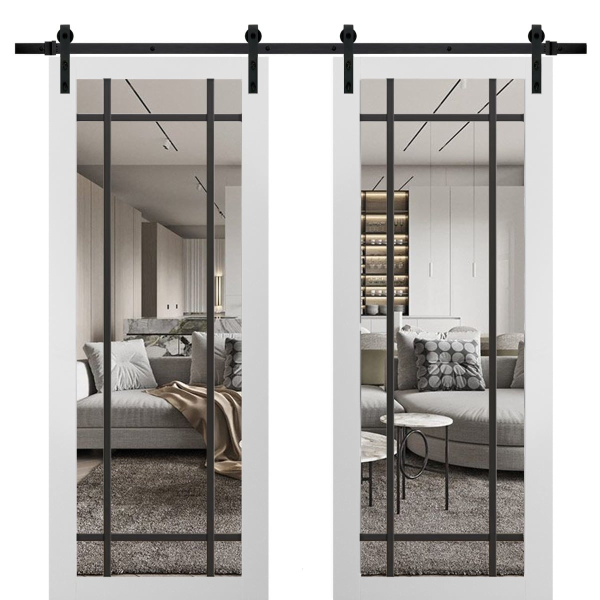 SartoDoors Lucia 2266 | Closet Door Double Barn Door | Solid Wood w/ Glass | Hardware Set | 36x80, White Silk Bedroom Door