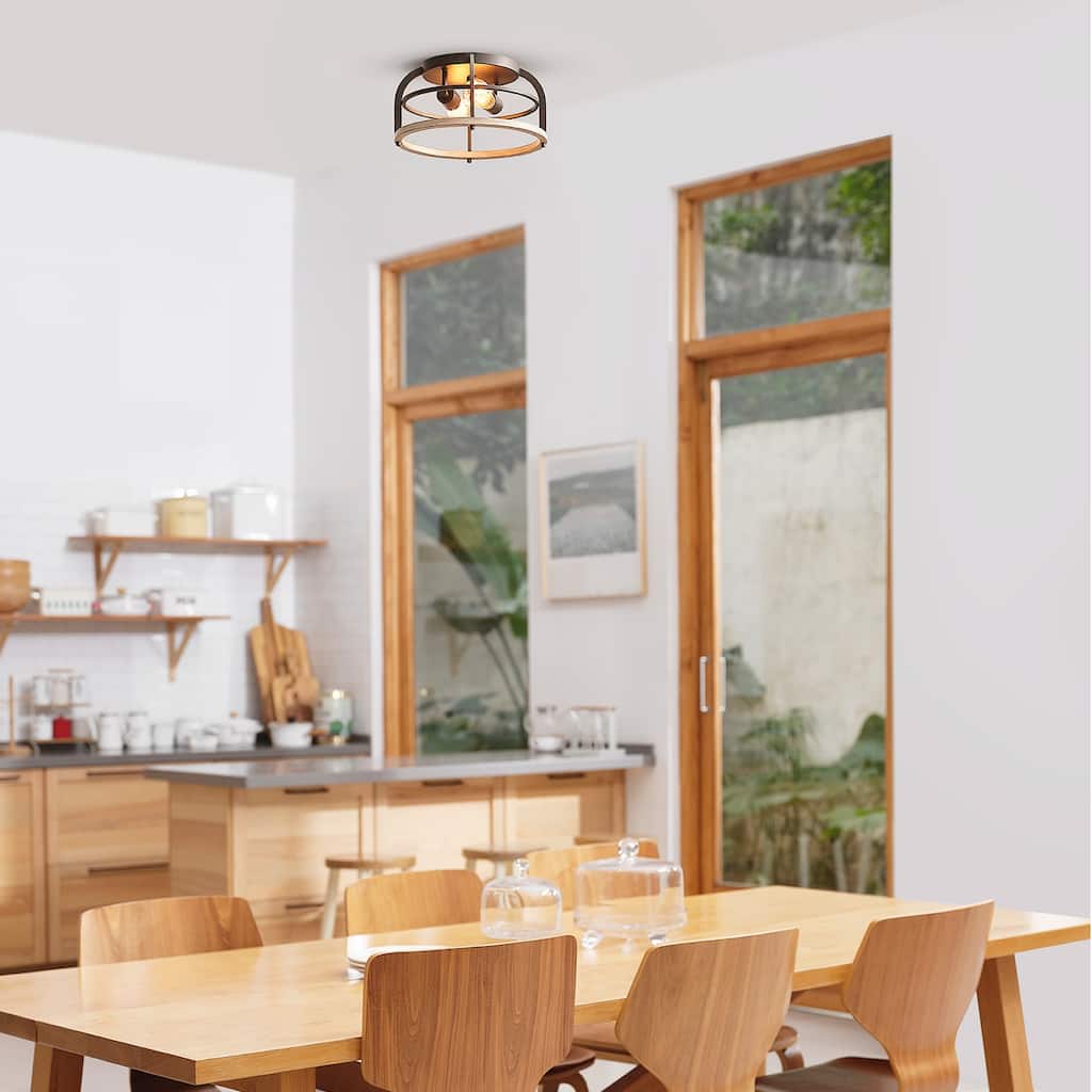 Shilah 2-Light Matte Black Flush Mount Ceiling Light with Faux Wood Accents - one size