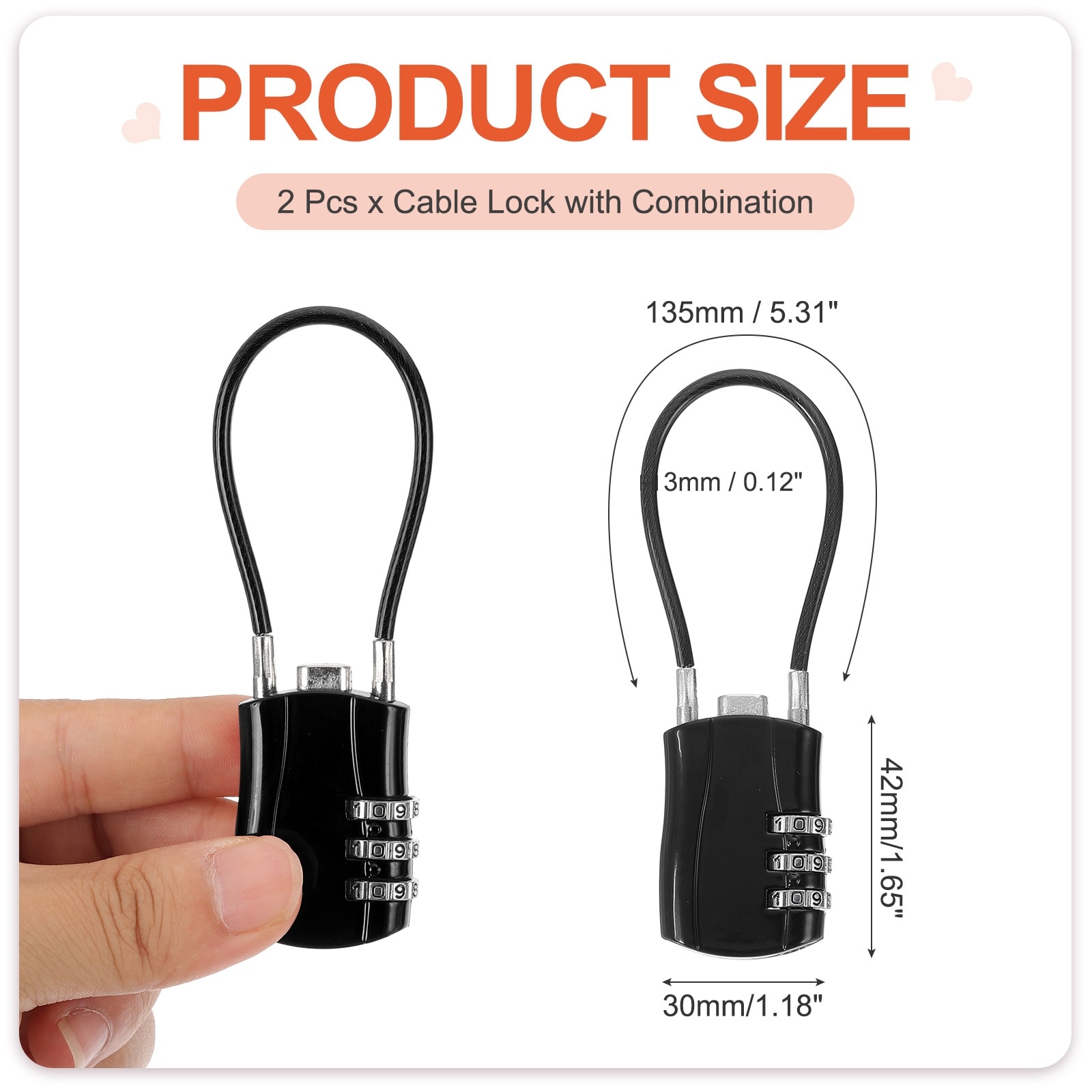 Luggage Travel Lock, Digit Cable Combination Lock Width Body with Long Cable for Suitcase Bag