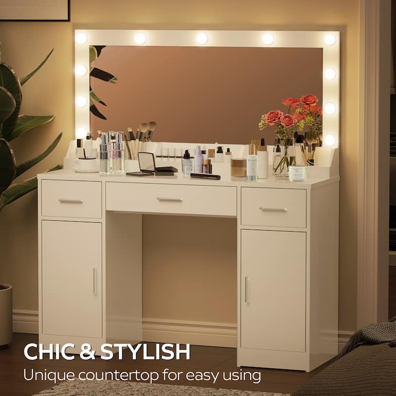 Modern Makeup Vanity with Mirror,3 Drawers & 2 Vertical Cabinets