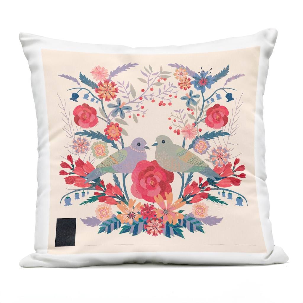 Stupell Symmetrical Folk Flowers & Birds Printed Outdoor Throw Pillow Design by Verbrugge Watercolor