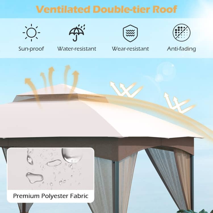 Heavy-Duty Patio Gazebo with Netting Walls and 4 Sandbags-Khaki