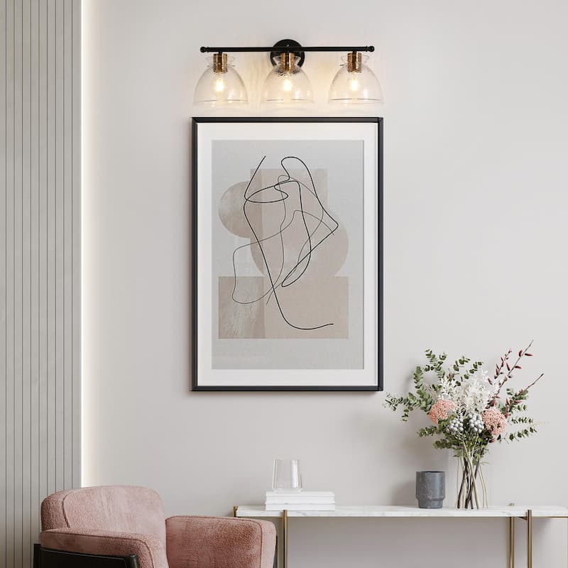 Zenith Modern Farmhouse 3-Light Black Gold Linear Hammered Glass Transitional Bathroom Vanity Lights - L 23.6" x W 8.2" x H 9"