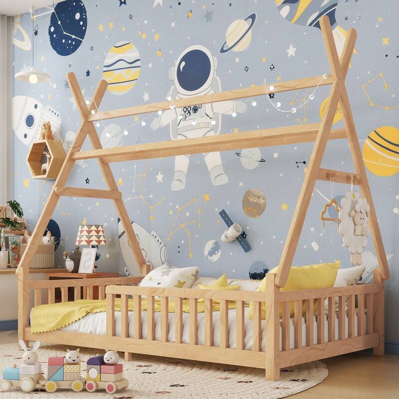 Twin House Bed with Light, Low Floor Design, Fence and Roof for Kids, Natural Finish - Natural