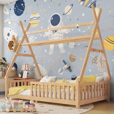 Wood Low Floor House Bed with Fence and LED Light Roof, Creativity Bed Tent Design for Kids Boys Girls No Box Spring Needed