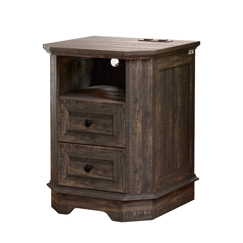 Farmhouse Nightstand with Charging Station and Versatile Storage