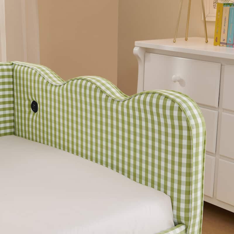 Linen Fabric Gingham Daybed with Trundle, Twin Size Sofa Bed with USB Port and Adorable Wave Shaped Headboard