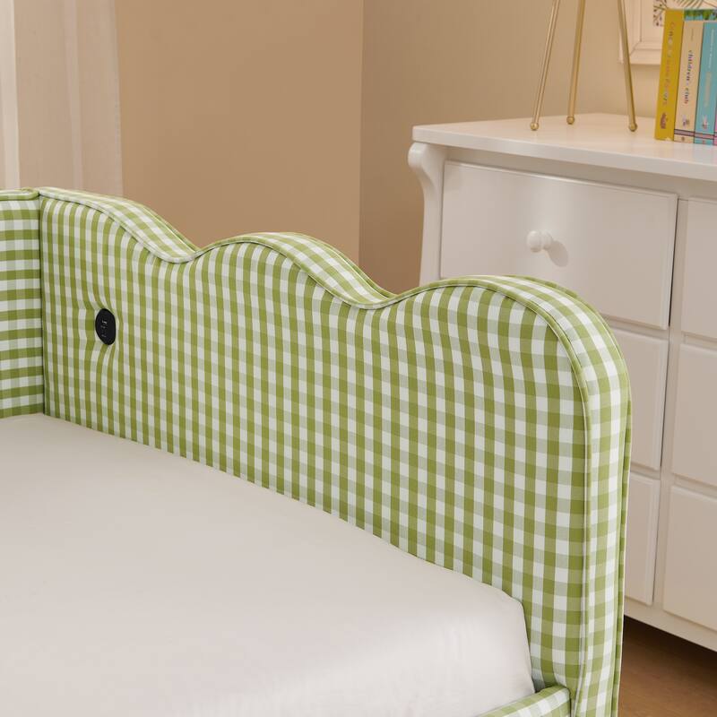 Twin Gingham Daybed with Trundle - USB Ports, Wave Design, Linen Fabric, No Box Spring