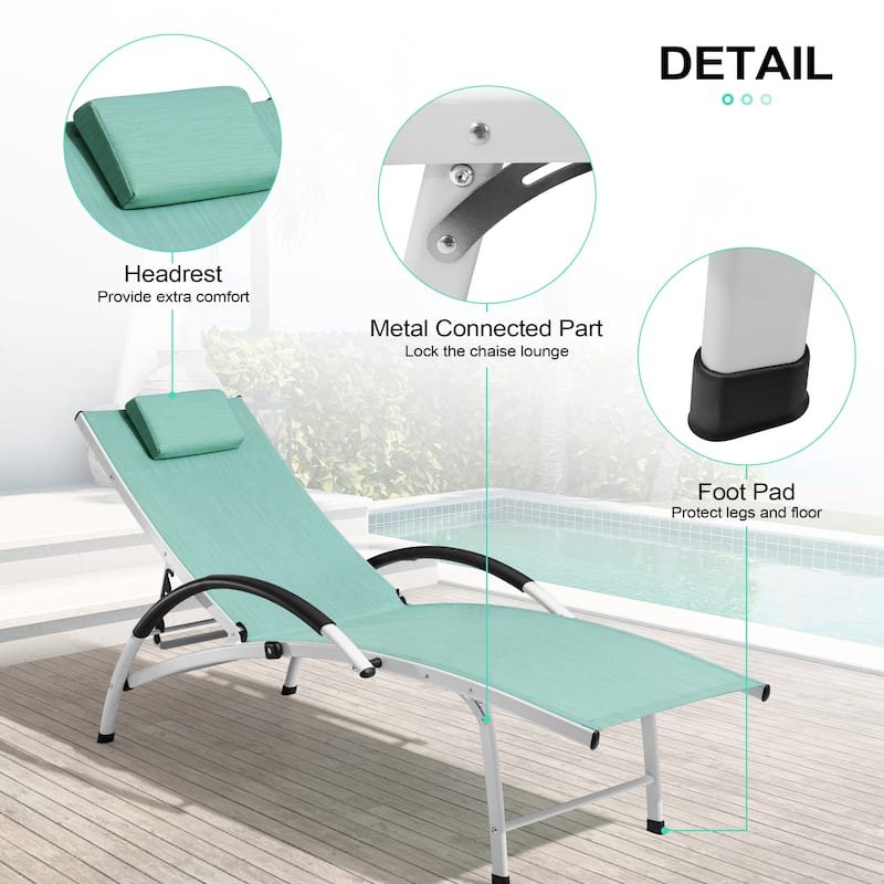 3-piece Outdoor Adjustable Aluminum Reclining Chaise Lounge Chairs with Wheels and Side Table Set