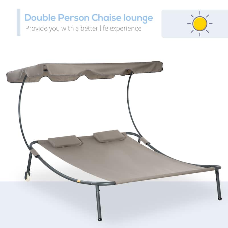 Outsunny Patio Double Chaise Lounge Chair, Outdoor Wheeled Hammock Daybed with Adjustable Canopy and Pillow