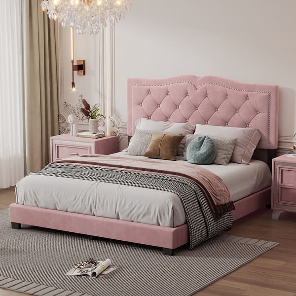 Pink Queen Size Upholstered Platform Bed Frame w/ Rivet Headboard - Bed ...