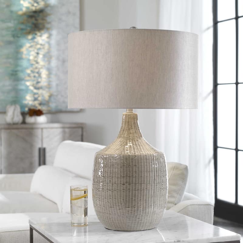Distressed Ceramic Table Lamp with Drum Shade - 29" - Light Gray