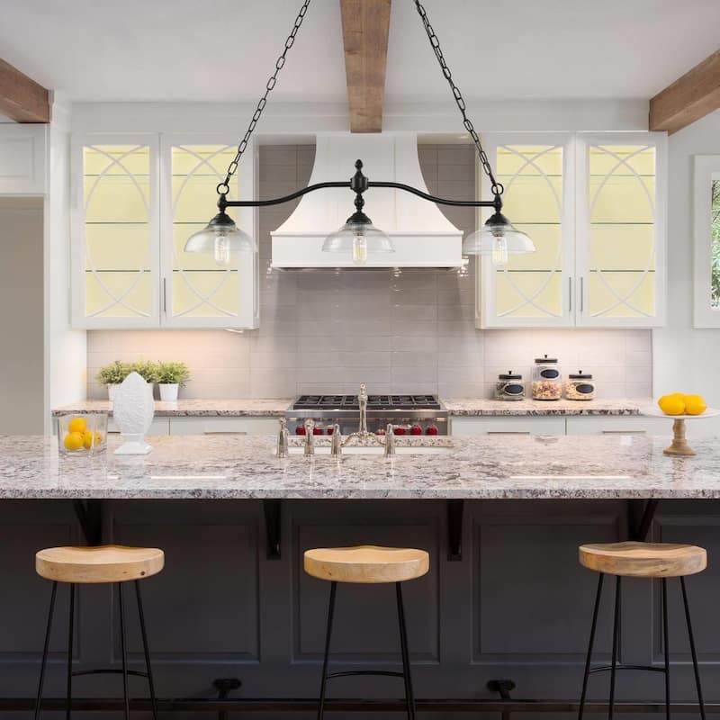 Modern Farmhouse 3-Light Linear Black Chandelier Glass Kitchen Island Lights for Dining Room - W38"x W7.9" x H8.3"