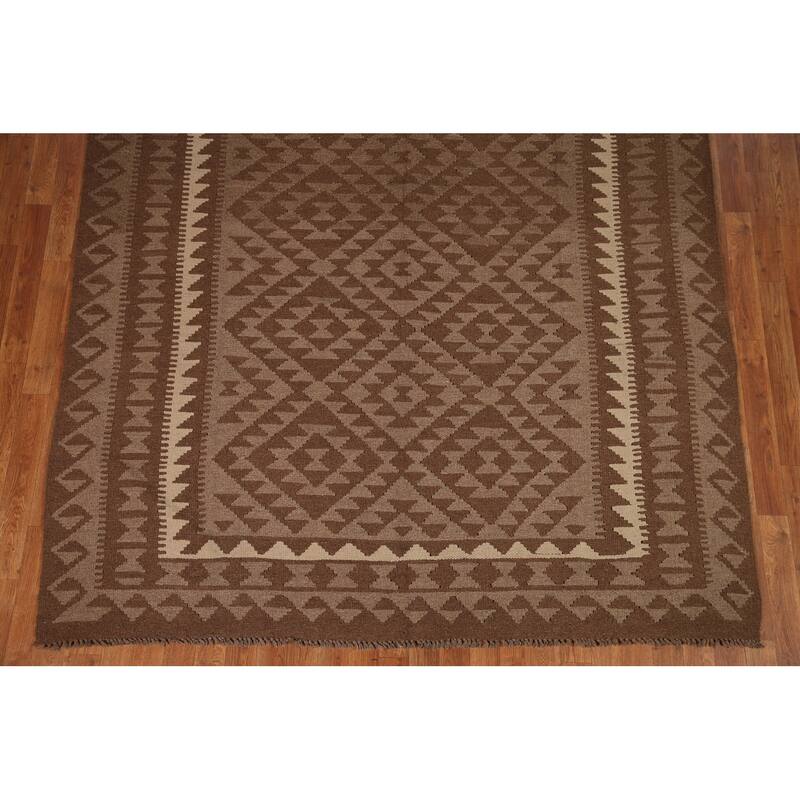Brown Reversible Kilim Oriental Area Rug Flat-weave Wool Carpet - 6'9" x 9'10"