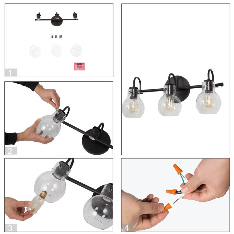 Olia Modern Black 3-Light Bathroom Vanity Light Orb Glass Wall Sconces Minimalist Design