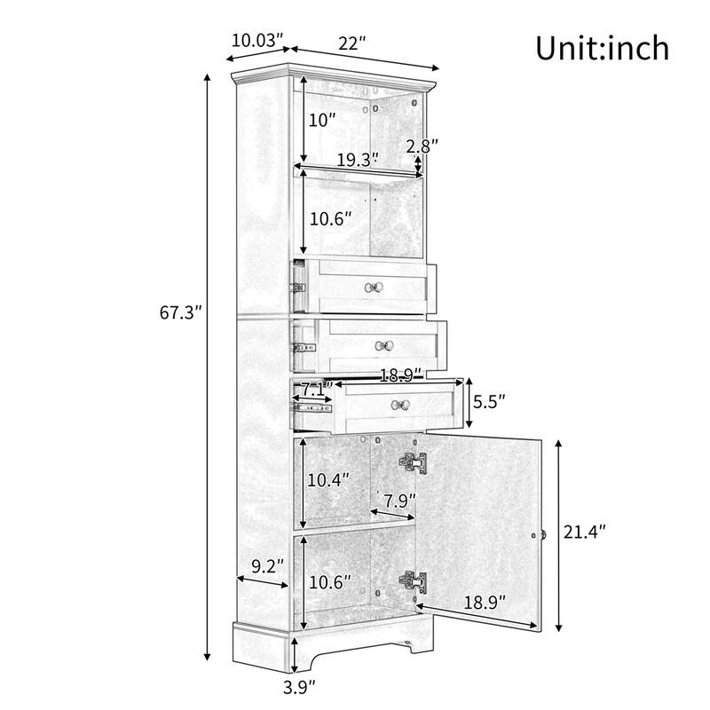 Tall Storage Cabinet with 3 Drawers & Adjustable Shelves for Bathroom