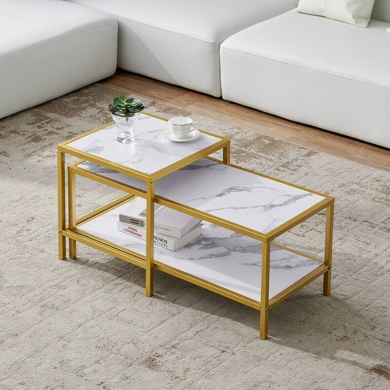 Wood marble color top Modern Nesting coffee table Square & rectangle With Black metal frame