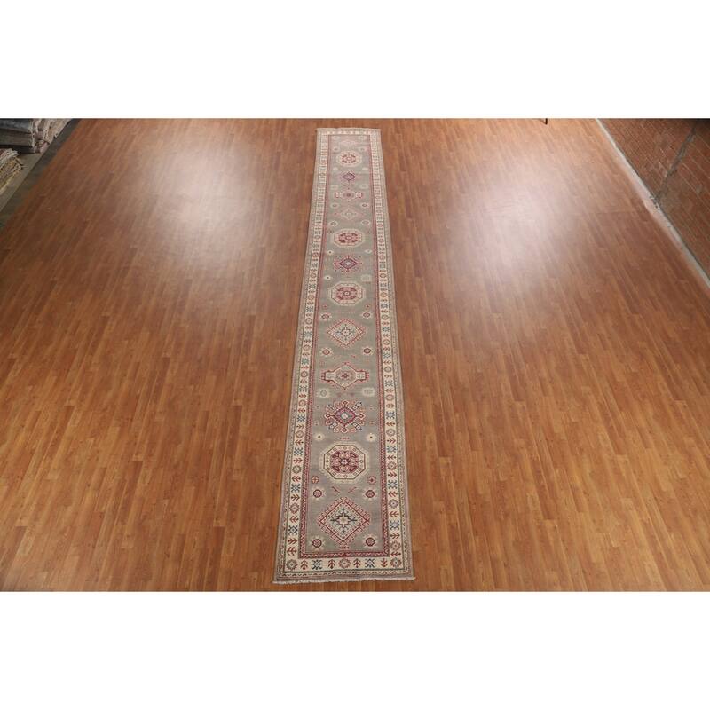 Geometric Grey Kazak Runner Rug Handmade Wool Carpet - 2'10" x 19'7"