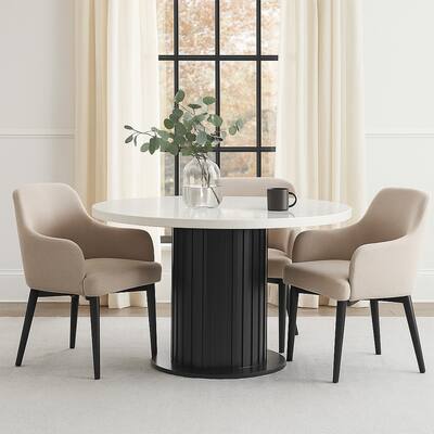 Shoy 54 Inch Round Dining Table, Cultured Marble Top, Espresso Brown Wood