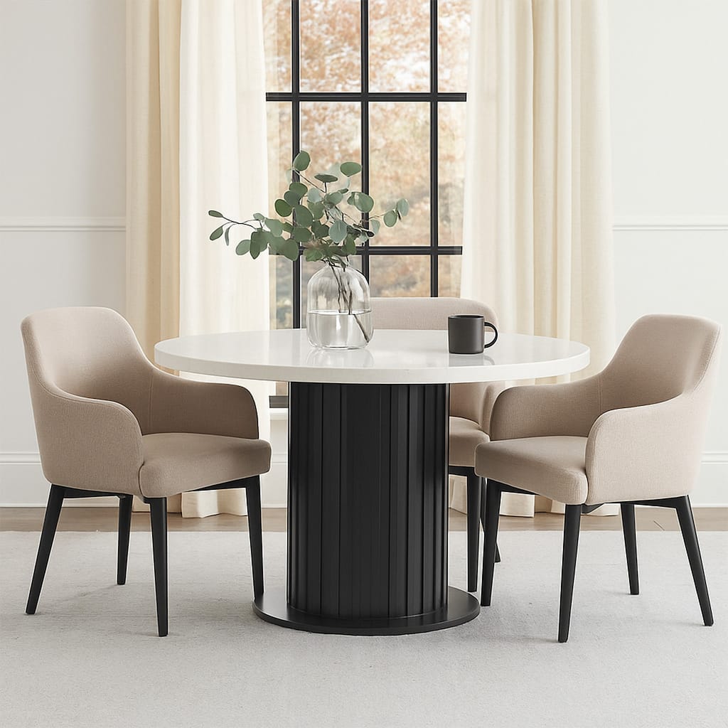 Shoy 54 Inch Round Dining Table, Cultured Marble Top, Espresso Brown Wood