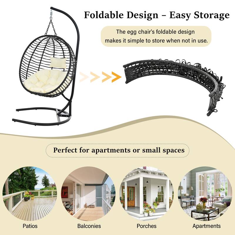 Single Person Folding Egg Chair with Stand - Hanging Wicker Hammock Swing with Adjustable Feet for Balcony, Garden, Bedroom