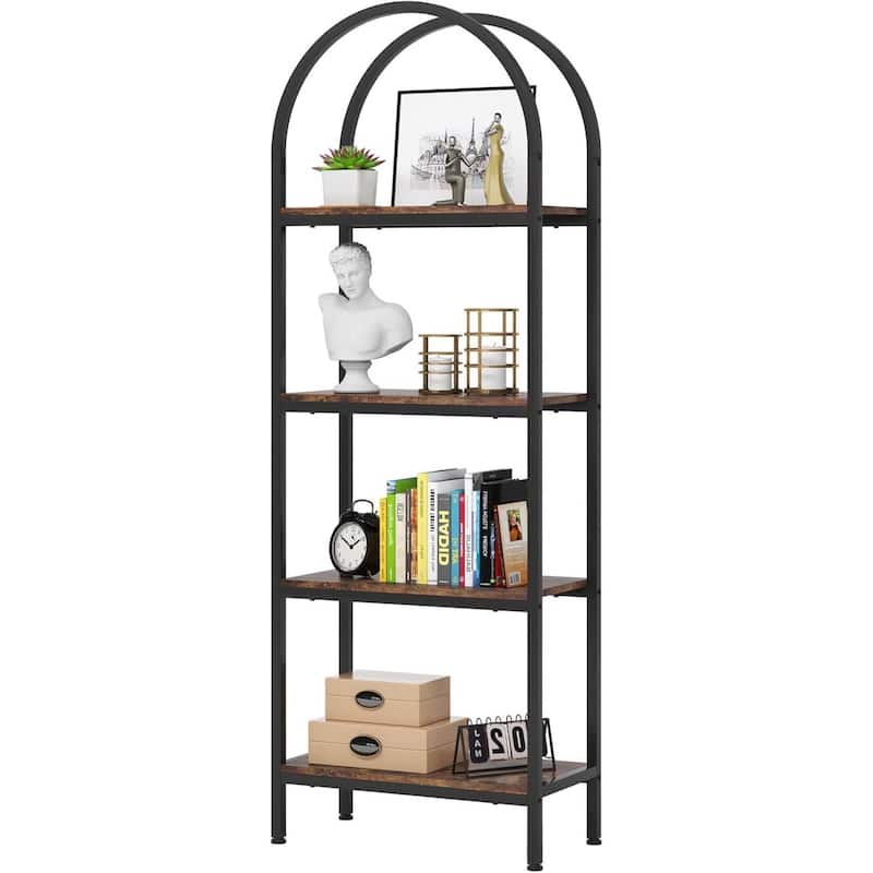 Modern Industrial Metal Wood Display Rack Bookcase with 4 Storage Shelves - 23.62” L* 11.81” W * 70.86” H - Black/Brown
