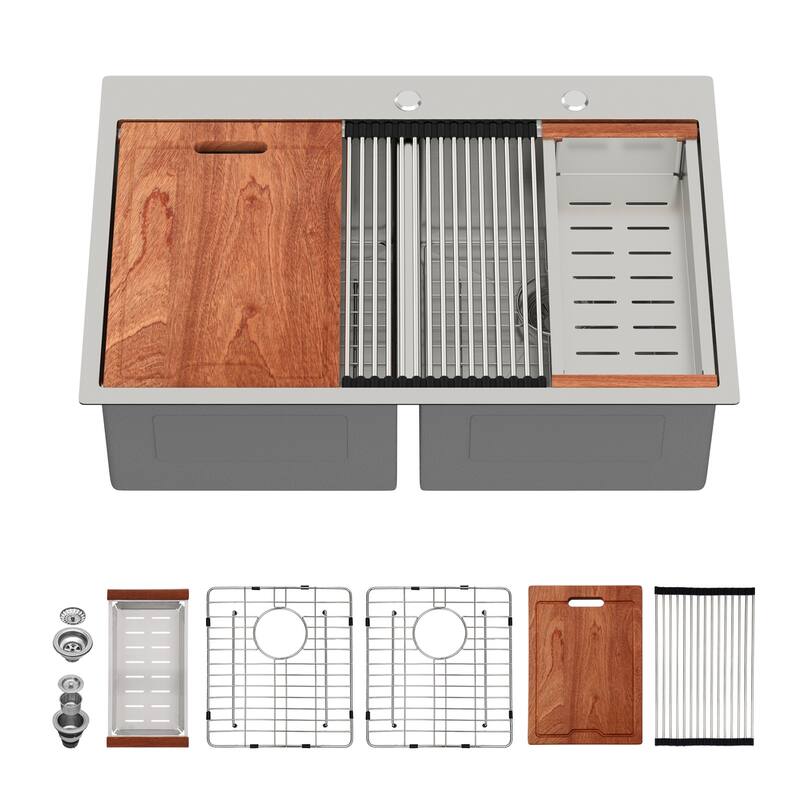 33" Drop-in 16 Gauge Double Bowl Stainless Steel Kitchen Sink in Brushed Nickel - 33'' x 22'' x 10''