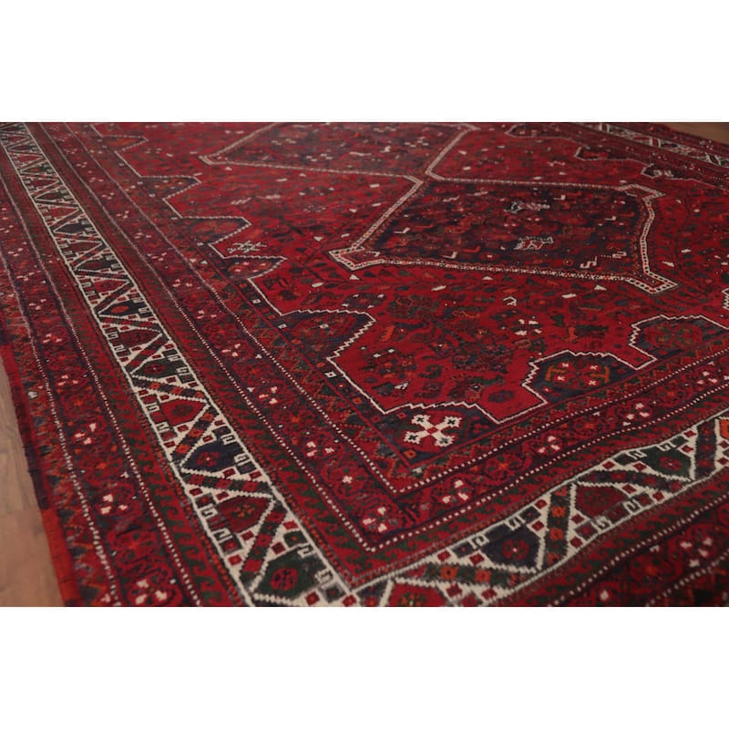 Tribal Geometric Qashqai Persian Vintage Rug Handmade Wool Carpet - 7'7" x 10'9" - 7'7" x 10'9" - Red
